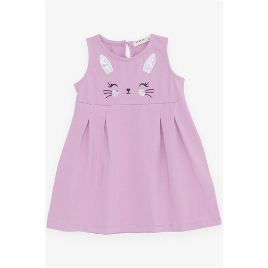 Girl Child Dress Embroidered Sequin Cute Kitten Printed Lilac (1.5-5 Years)