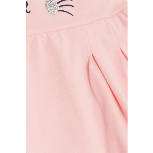 Girl Child Dress Embroidered Sequin Cute Kitten Printed Pink (1.5-5 Years)