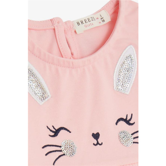 Girl Child Dress Embroidered Sequin Cute Kitten Printed Pink (1.5-5 Years)