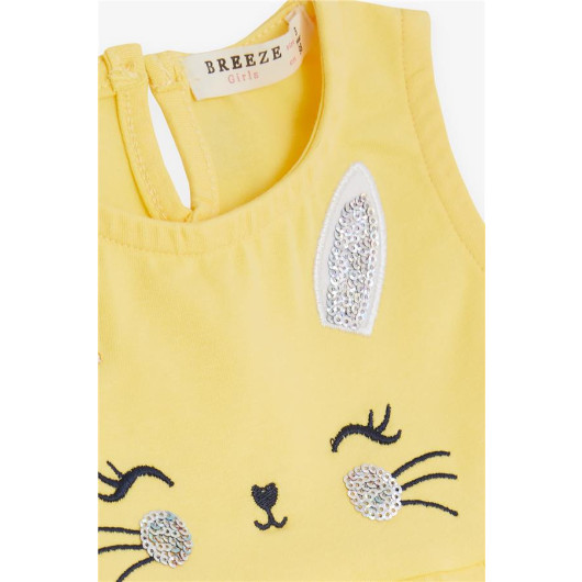 Girl Child Dress Embroidered Sequin Cute Kitten Printed Yellow (1.5-5 Years)