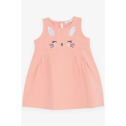 Girl Child Dress Embroidered Sequin Cute Kitten Printed Salmon (1.5-5 Years)
