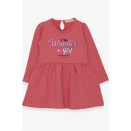 فستان بناتي بنمط منقط ومطبوع لون قرميدي (3-7 سنوات)