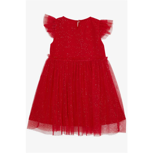 فستان بناتي مزين بالتول لامع ومكشكش لون أحمر (3-7 سنوات)