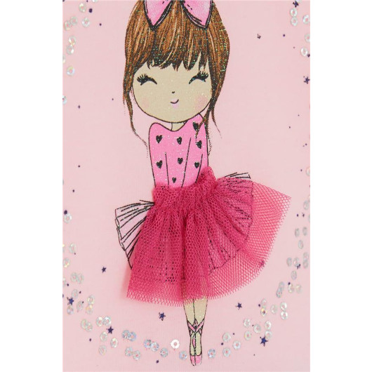 فستان بناتي مزين بالتول ورسمات لون زهري فاتح (2-5 سنوات)