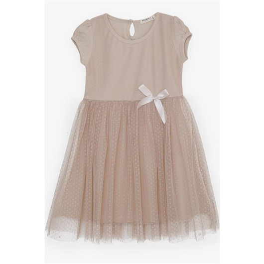 فستان بناتي مزين بالتول وبفيونكة لون بيج (4-9 سنوات)