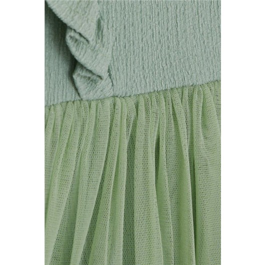 فستان بناتي مكشكش وله تول/أخضر نعناعي(3-8سنوات)