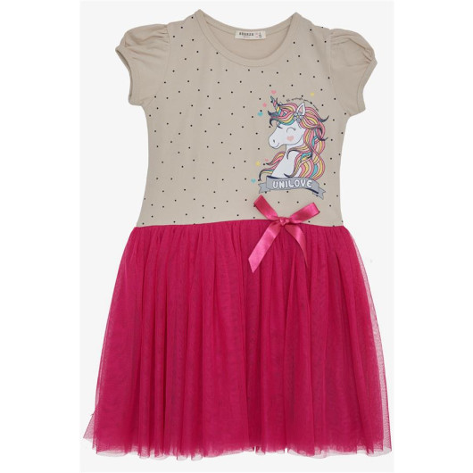 Girl's Dress Unicorn Printed Tulle With Bow Beige (Age 3-8)