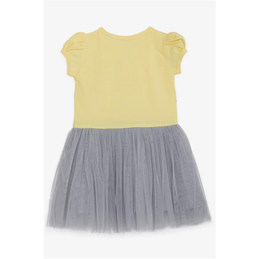 فستان بناتي مزين برسمة يونيكورن وبفيونكة وتول لون اصفر (3-8 سنوات)