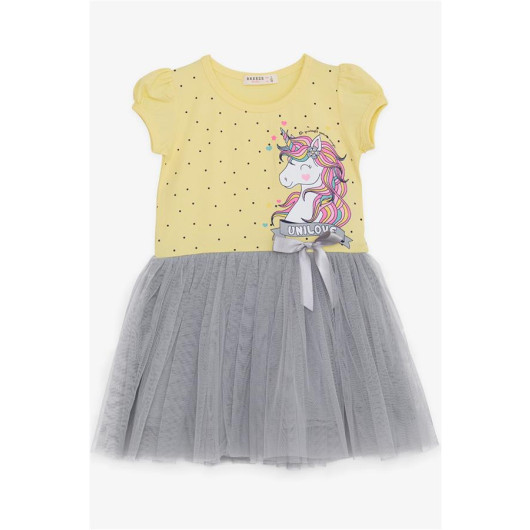 فستان بناتي مزين برسمة يونيكورن وبفيونكة وتول لون اصفر (3-8 سنوات)