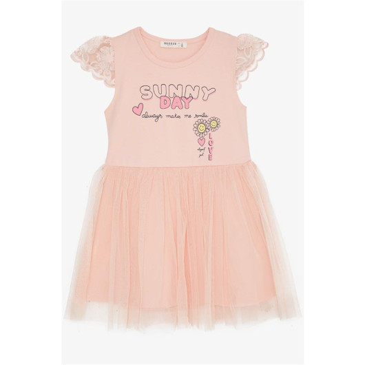 Girl's Dress Summer Themed Text Printed Salmon (2-6 Years)