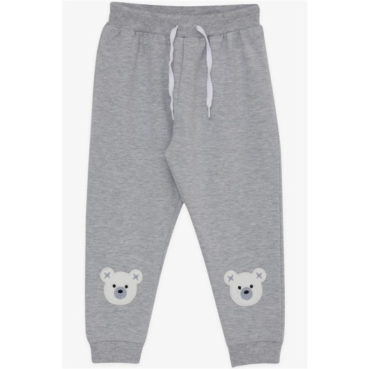 Girl's Sweatpants Light Gray Melange With Cute Teddy Bear Embroidery (1-4 Ages)