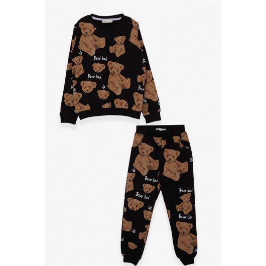Girl's Tracksuit Set Teddy Bear Pattern Black (5-10 Years)