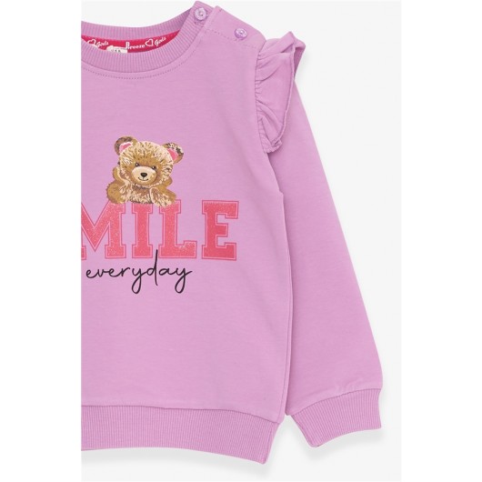 Girl's Tracksuit Set Teddy Bear Glittery Text Printed Lilac (1.5-5 Years)