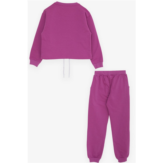Girl's Tracksuit Set Lace-Up Text Printed Purple (8-14 Years)