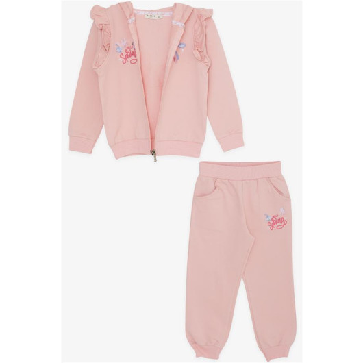 Girl's Tracksuit Set Zippered Letter Embroidered Salmon (1.5-5 Years)
