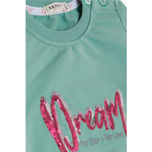 Girl's Tracksuit Set Sequin Embroidered Letter Printed Mint Green (3-6 Years)