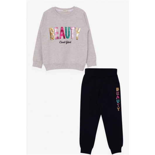 Girls Beige Sequined Text Sports Set (4-7 Years)