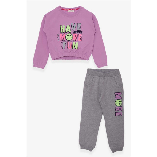 Girl's Tracksuit Set Colorful Glittery Text Printed Lilac (5-9 Years)
