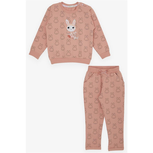 Girl's Tracksuit Set Cute Bunny Patterned Bow Dried Rose (1-4 Ages)