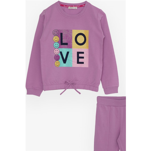 Girl's Tracksuit Set Glittery Smiley Printed Lilac (4-8 Ages)