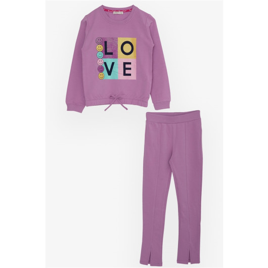 Girl's Tracksuit Set Glittery Smiley Printed Lilac (4-8 Ages)