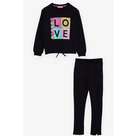 Girl's Tracksuit Set Silvery Smiley Printed Navy (4-8 Ages)