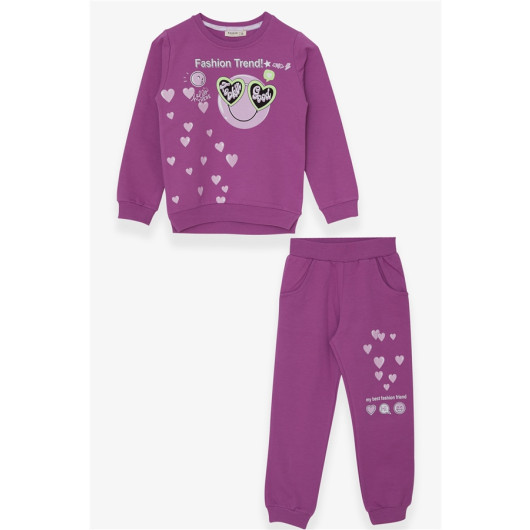 Girl's Tracksuit Set Silvery Heart Printed Lilac (5-9 Years)