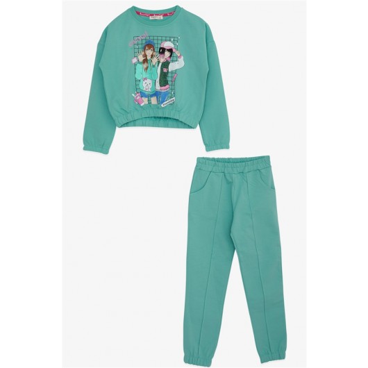 Girl's Tracksuit Set Glittery Girl Printed Mint Green (8-12 Ages)