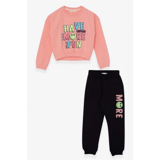 Girl's Tracksuit Set Silvery Colored Text Printed Salmon (5-9 Years)