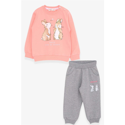 Girl's Tracksuit Set Silvery Bunny Printed Salmon (1.5-5 Years)