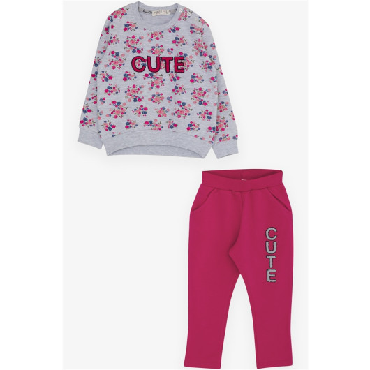 Girl's Tracksuit Set Light Gray Melange With Sequin Embroidery (2-5 Ages)