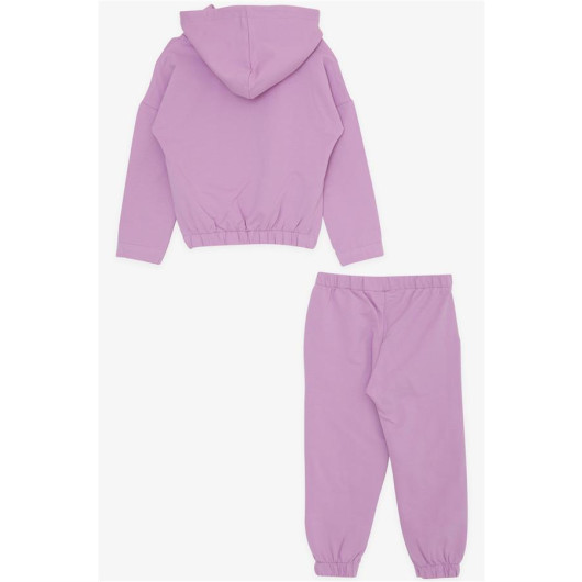 Girl's Tracksuit Set Letter Printed Hooded Pocket Lilac (3-7 Years)