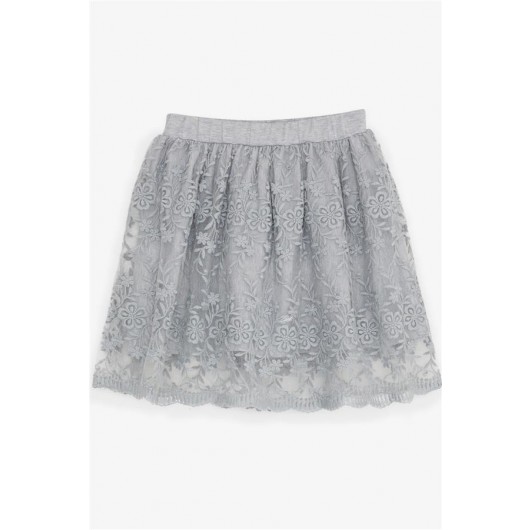 Girl Skirt Flower Embroidered Tulle Elastic Waist Gray (5-9 Years)