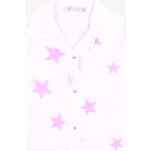 Girl's Shirt Pink Star Pattern White (5-8 Years)