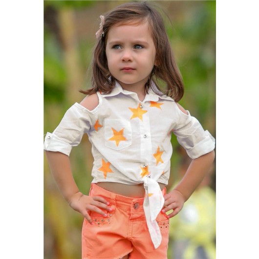 Girl's Shirt Orange Star Pattern White (5-16 Years)