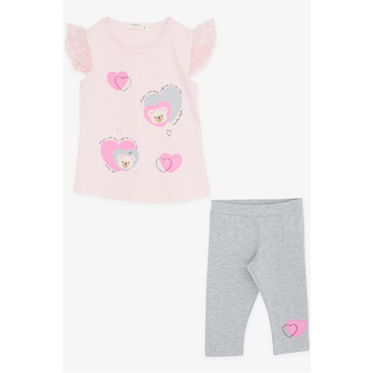 Girl's Capri Tights Set Sleeves Embroidery Guipure Teddy Bear Printed Pink (1.5-5 Years)
