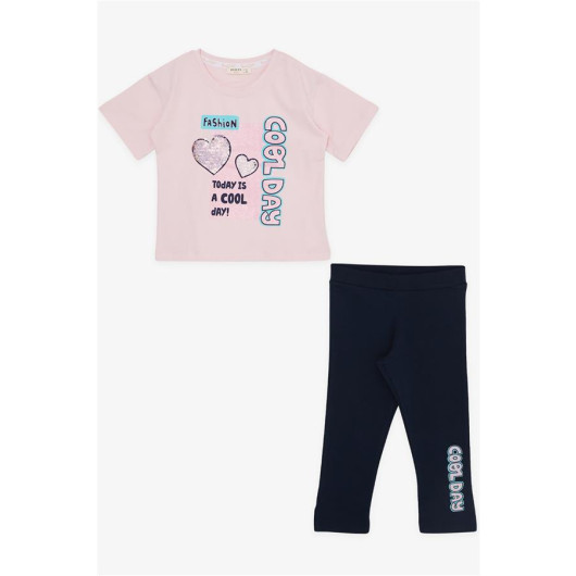 Girl's Capri Tights Set Sequin Glittery Text Printed Pink (5-10 Years)