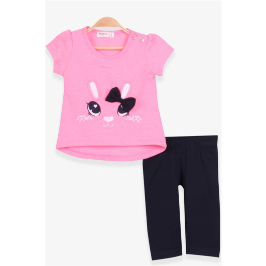 Girl's Capri Tights Set Bunny Embroidery Neon Pink (1-4 Years)