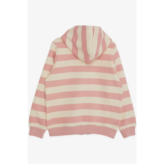 Girl's Hooded Cardigan Striped Pocket Dried Rose (Age 3-7)