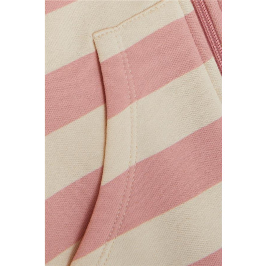 Girl's Hooded Cardigan Striped Pocket Dried Rose (Age 3-7)