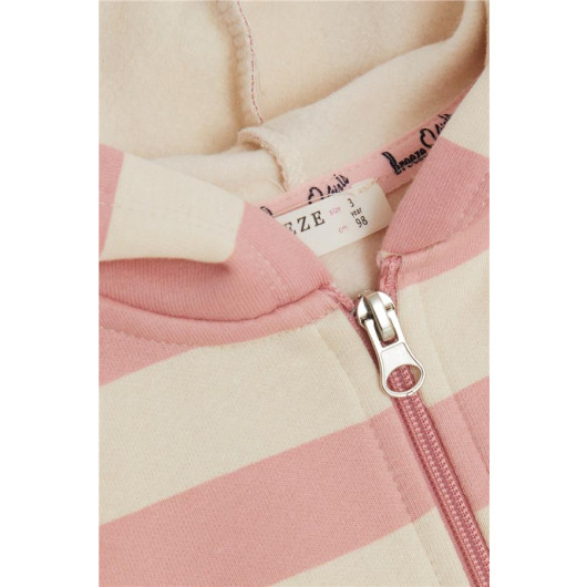 Girl's Hooded Cardigan Striped Pocket Dried Rose (Age 3-7)