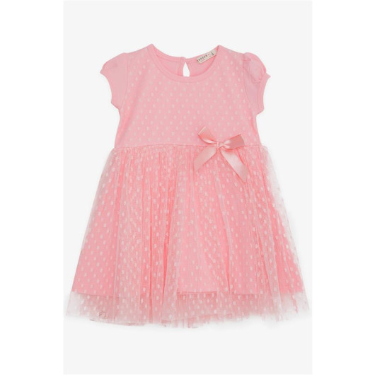 Girl's Short Sleeve Dress Patterned Bow Tulle Pink (3-8 Years)