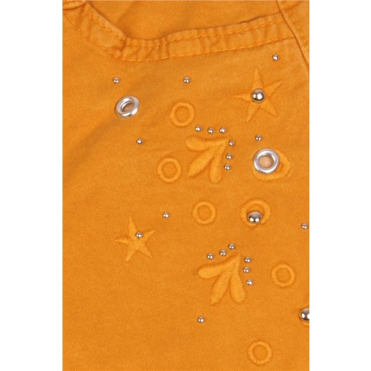 بنطال جينز بناتي مزين بفتحات صغيرة /أصفر خردلي(5-16سنة)