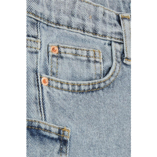 Girl's Denim Shorts Leg Tasseled Pocket Buttoned Light Blue (10-14 Years)