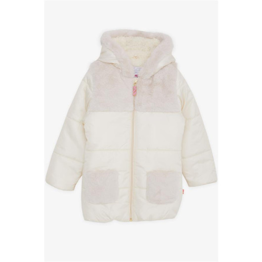 Girl's Coat Pocket Hood Furry Ecru (Age 2-5)