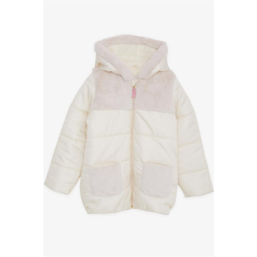 Girl's Coat Pocket Hood Furry Ecru (6-9 Years)