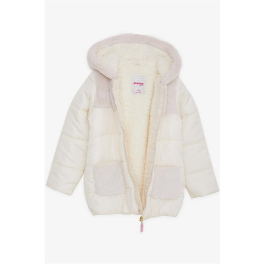 Girl's Coat Pocket Hood Furry Ecru (6-9 Years)