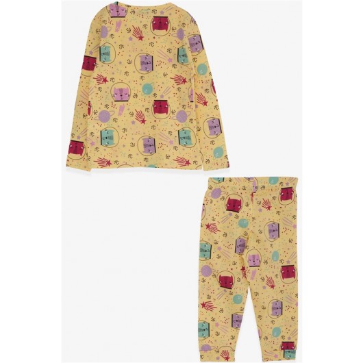 Girl's Pajamas Set Astronaut Kitty Patterned Yellow (3-7 Years)