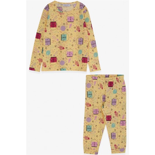 Girl's Pajamas Set Astronaut Kitty Patterned Yellow (3-7 Years)