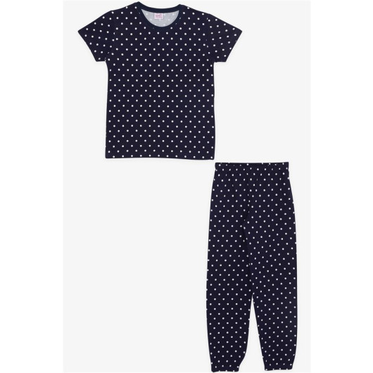 Girl's Pajamas Set Polka Dot Patterned Navy (4-8 Years)